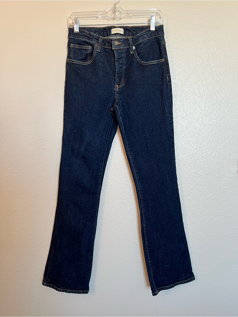 Oliver Logan High Rise Flare Jeans Womens 28 Dark Wash Button Fly 31.5 Inseam